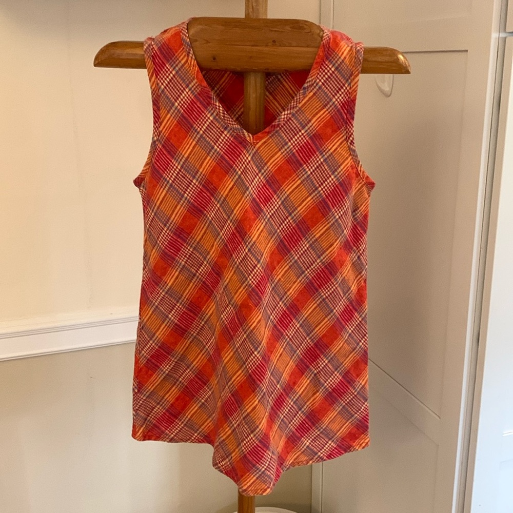 FLAX Linen Plaid Tunic Top Sleeveless A-Line Lagenlook Red Orange Flowy P 4/6